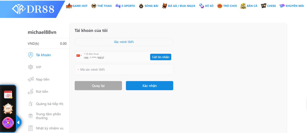 Bạn cần phải xác minh số điện thoại trước khi có thể thực hiện thao tác rút tiền tại nhà cái DR88