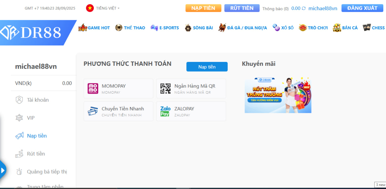 Hiện tại nhà cái DR88 đang có 4 hình thức nạp tiền phổ biến